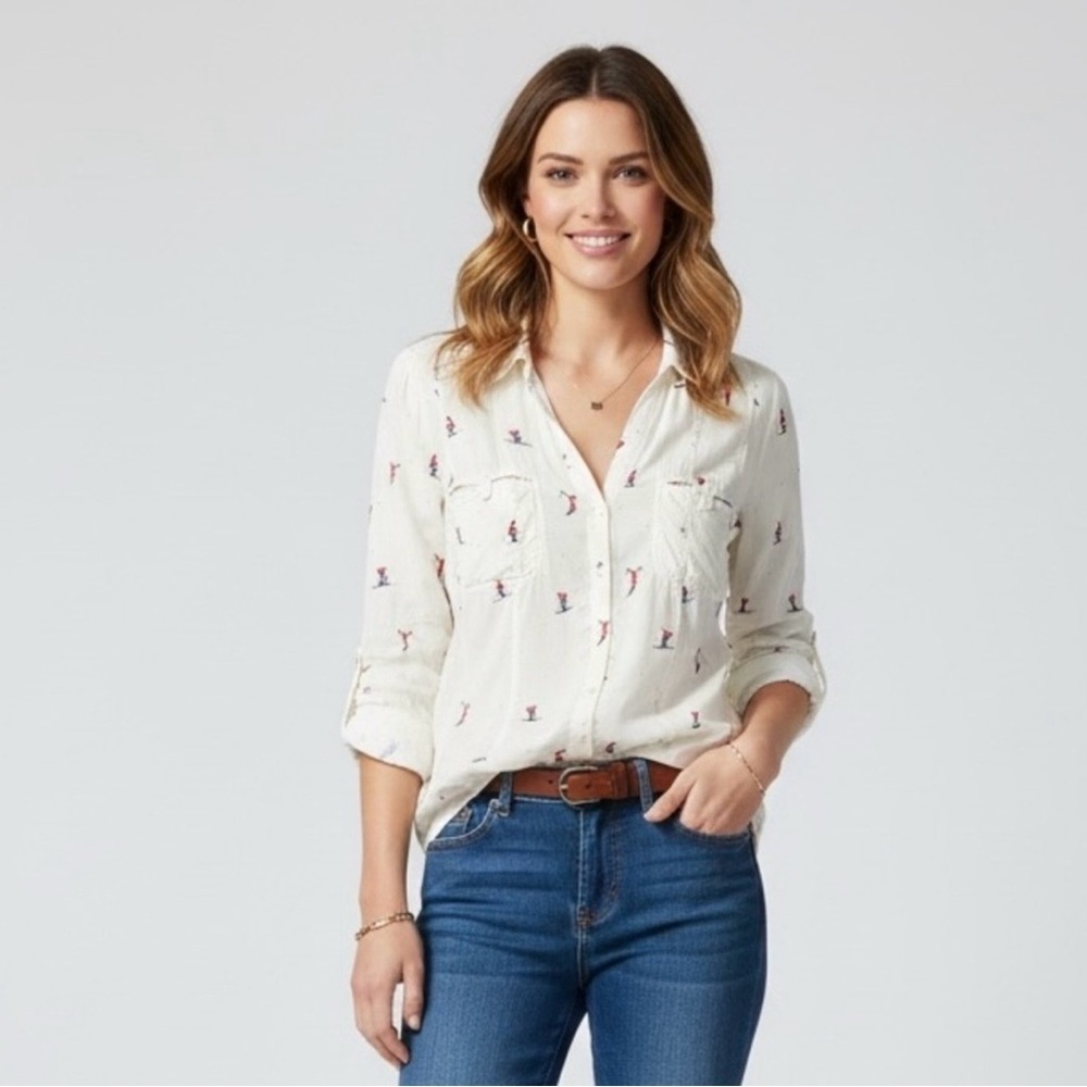 Maeve Off White Larkin Skier Print Long Sleeve Button Top Size US 6/ EU 38